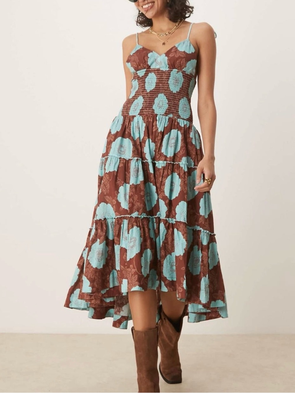 Free People Adriel midi dress Tiered smocked Boho Floral nutmeg and blue